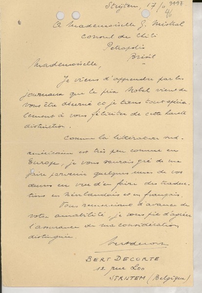[Carta] [1946] nov. 17, Strijtem, Belgique [a] [Gabriela] Mistral, Petrópolis, Brésil