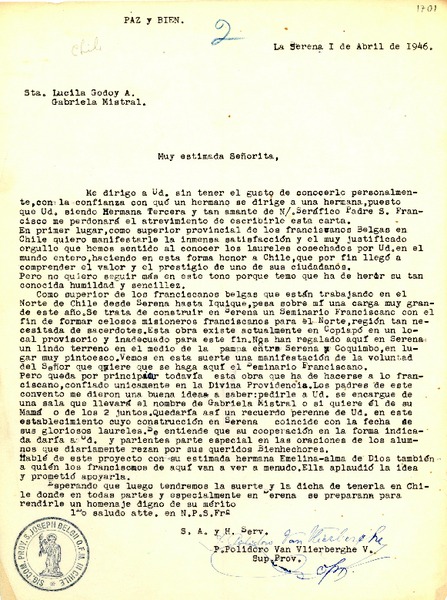 [Carta] 1946 abr. 1, La Serena, [Chile] [a] Gabriela Mistral