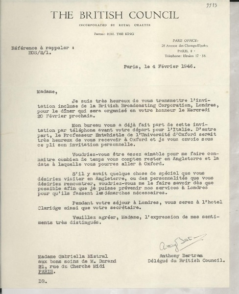 [Carta] 1946 févr. 4, Paris, [Francia] [a] Gabriella [i.e. Gabriela] Mistral, Paris, [Francia]