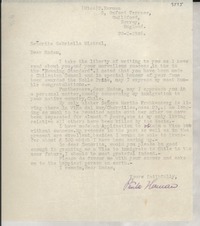 [Carta] 1946 Feb. 20, Surrey, [England] [a] Gabriella [i.e. Gabriela] Mistral