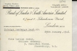 [Carta] 1946 Jan. 25, London [a] Lucila Godoy, Picadilly, [Londres]