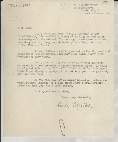 [Carta] 1946 Feb. 26, London, [England] [a] una amiga de Gabriela Mistral