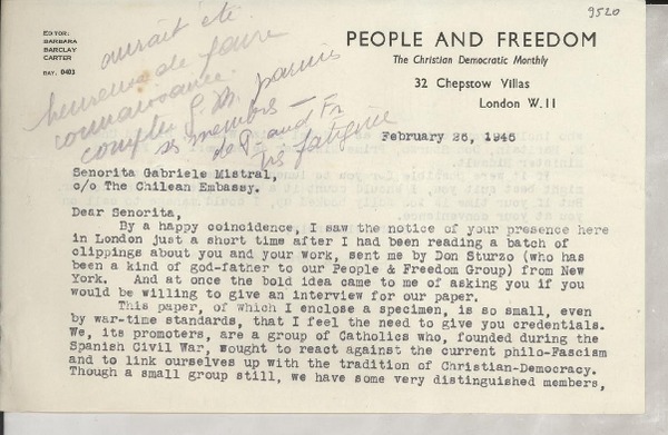 [Carta] 1946 Feb. 26, London, [England] [a] Gabriela Mistral