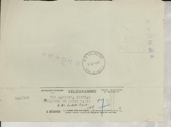 [Telegrama] 1946 janv. 16, Stockholm, [Suecia] [a] Gabriela Mistral, Paris, [Francia]