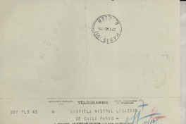 [Telegrama] 1946 janv. 22, Stockholm, [Suecia] [a] Gabriela Mistral, Paris, [Francia]