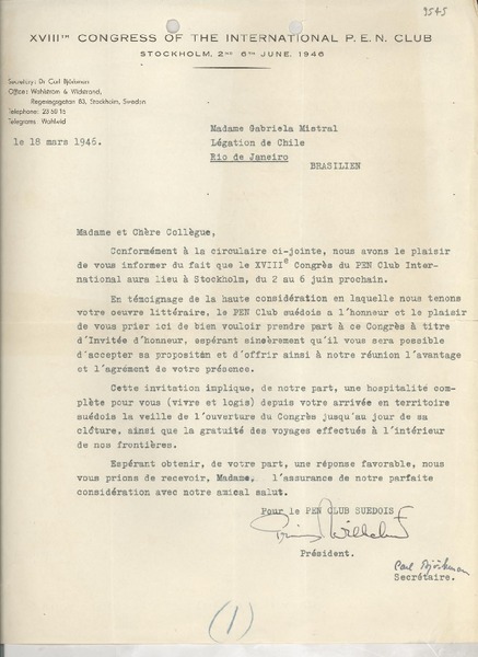 [Carta] 1946 mars 18, Stockholm, [Sweden] [a] Gabriela Mistral, Rio de Janeiro, [Brasil]
