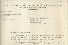 [Carta] 1946 mars 18, Stockholm, [Sweden] [a] Gabriela Mistral, Rio de Janeiro, [Brasil]