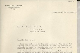 [Carta] 1946 ene. 7, Stockholm [a] Gabriela Mistral, Paris
