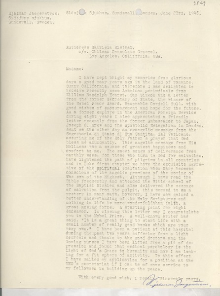 [Carta] 1946 June 23, Sundsvall, Sweden [a] Gabriela Mistral, Los Ángeles, California, USA