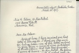 [Carta] 1947 Mar. 30, Stockholm, Sweden [a] C[onsuelo] Saleva, Monrovia, Calif., [EE.UU.]