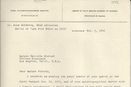 [Carta] 1946 Nov. 5, Stockholm [a] Gabriela Mistral, Los Ángeles, California, U. S. A.