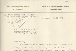 [Carta] 1946 Nov. 11, Stockholm [a] Gabriela Mistral, Los Ángeles, California, U. S. A.