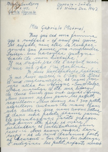[Carta] 1947 déc. 31, Uppsala, Suède [a] Gabriela Mistral