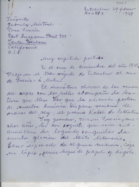 [Carta] 1948 feb. 29, Estocolmo, Sweden [a] Gabriela Mistral, Santa Bárbara, California, [EE.UU.]