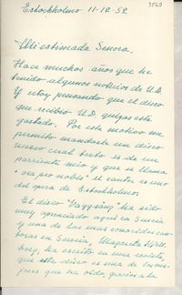 [Carta] 1952 dic. 11, Estockholmo, [Suecia] [a] Gabriela Mistral
