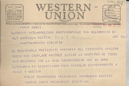 [Telegrama] 1948 jun. 16, Santiago, Chile [a] Gabriela Mistral, Santa Bárbara, Calif., [EE.UU.]