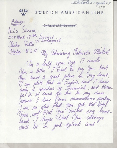 [Carta] 1949, Idaho, U.S.A. [a] Gabriela Mistral