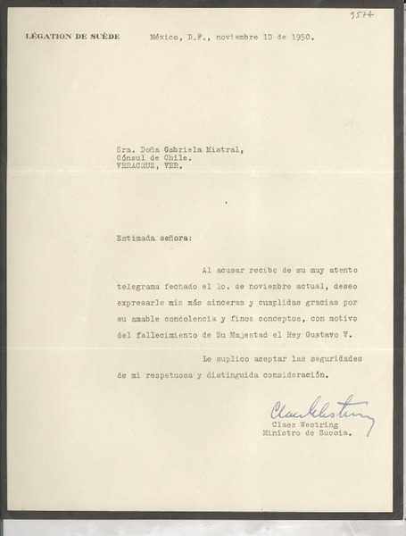 [Carta] 1950 nov. 10, México D. F. [a] Gabriela Mistral, Veracruz, México