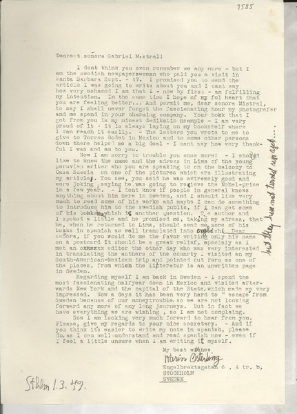 [Carta] 1949 Mar. 1, Stockholm, [Sweden] [a] Gabriela Mistral