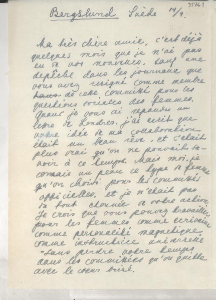 [Carta] 1949 sept. 14, Bergslund, Suède [a] Gabriela Mistral