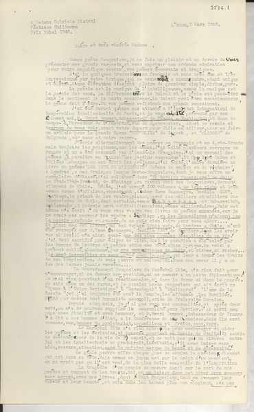 [Carta] 1946 mars 1, London, [England] [a] Gabriela Mistral, London, [England]