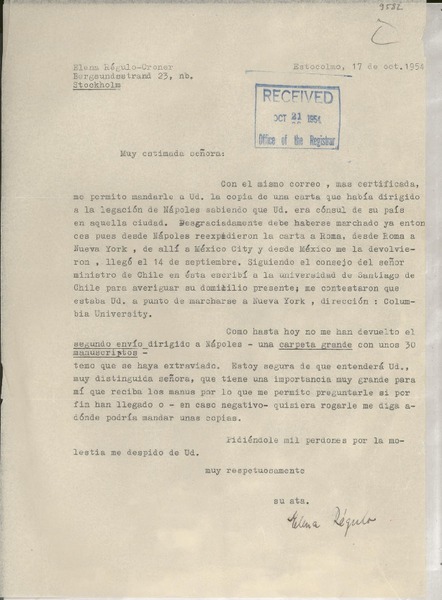 [Carta] 1954 oct. 17, Estocolmo, [Suecia] [a] Gabriela Mistral