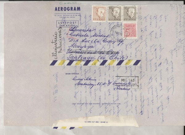 [Carta] 1955 Mar. 11, Stockholm, Sweden [a] Gabriela Mistral, Santiago, Chile