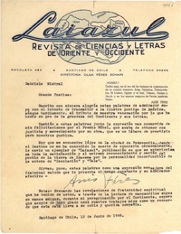 [Carta] 1946 jun. 12, Santiago, Chile [a] Gabriela Mistral