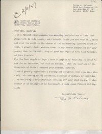[Carta] 1946 Oct. 15, Los Angeles, California, [EE.UU.] [a] Gabriela Mistral, Monrovia, California, [EE.UU.]