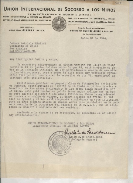 [Carta] 1946 jul. 31, Buenos Aires, [Argentina] [a] Gabriela Mistral, Los Angeles, California, [EE.UU.]
