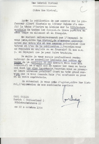 [Carta] 1954 oct. 22, Zurich, Switzerland [a] Gabriel [i.e. Gabriela] Mistral