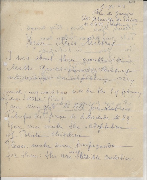 [Carta] 1943 Nov. 1, Rio de Janeiro, [Brasil] [a] [Gabriela] Mistral