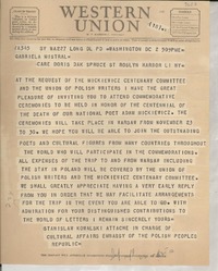[Telegrama] 1955, Washington D. C. [a] Gabriela Mistral, Roslyn Harbor