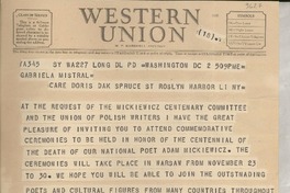 [Telegrama] 1955, Washington D. C. [a] Gabriela Mistral, Roslyn Harbor