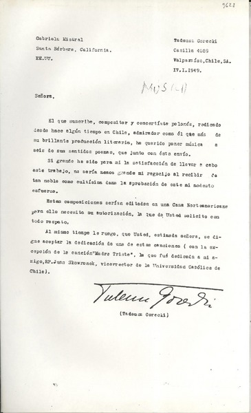 [Carta] 1949 ene. 17, Valparaíso, Chile [a] Gabriela Mistral, Santa Bárbara, California, EE. UU.