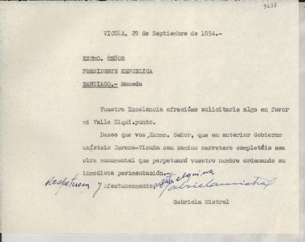 [Telegrama] 1954 sept. 29, Vicuña, [Chile] [al] Excmo. Señor Presidente [de la] República, [La] Moneda, Santiago, [Chile]