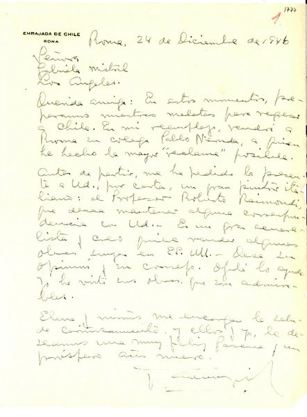 [Carta] 1946 dic. 24, Roma [a] Gabriela Mistral, Los Ángeles