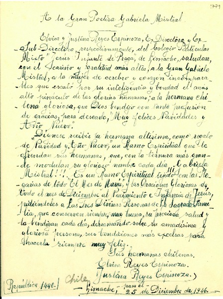 [Carta] 1946 dic. 25, Limache, Chile[a] Gabriela Mistral, Los Ángeles