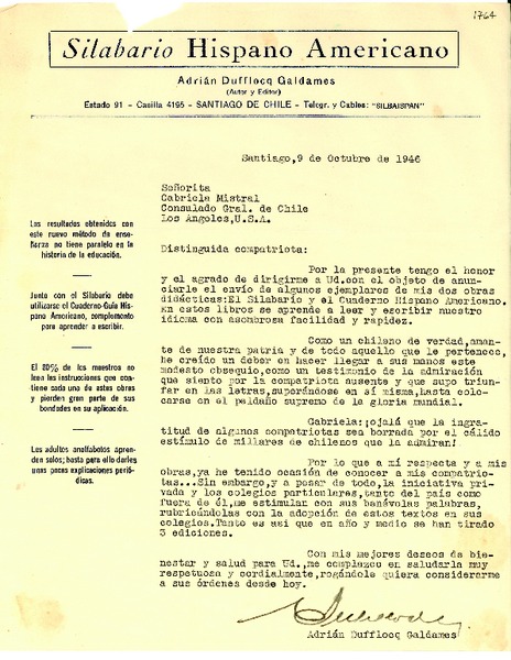[Carta] 1946 oct. 9, Santiago, Chile [a] Gabriela Mistral, Los Angeles de California, [Estados Unidos]