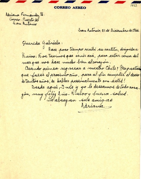 [Carta] 1946 dic. 31, San Antonio, Chile [a] Gabriela Mistral