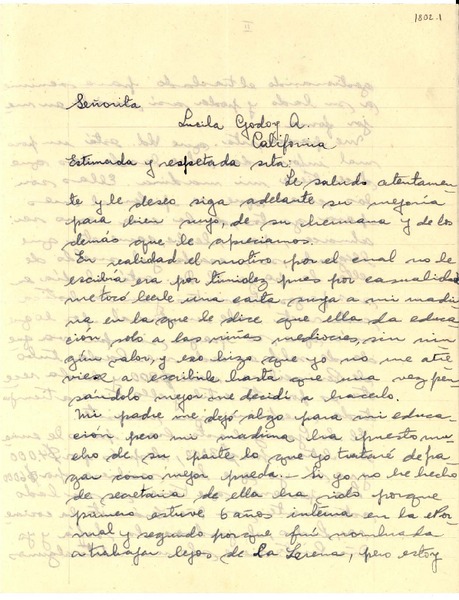 [Carta] 1947 feb. 21, La Serena, [Chile] [a] Lucila Godoy A[lcayaga], California, [EEUU]