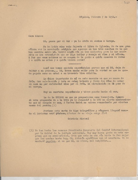[Carta] 1952 feb. 7, Nápoles, [Italia] [a] Alone