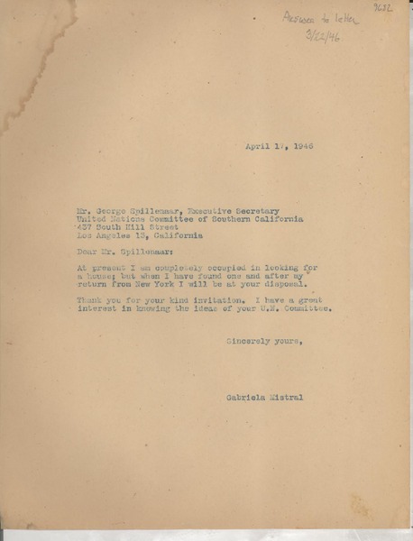[Carta] 1946 Apr. 17 [a] George Spillenaar, Los Angeles, California, [EE.UU.]