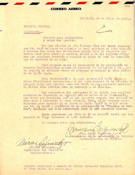 [Carta] 1948 ene. 20, Santiago, Chile [a] Gabriela Mistral, California, [EE.UU.]
