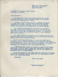 [Carta] 1946 Aug. 29, Monrovia, California, [EE.UU.] [al] President of Passadena Junior College, Passadena, California, [EE.UU.]