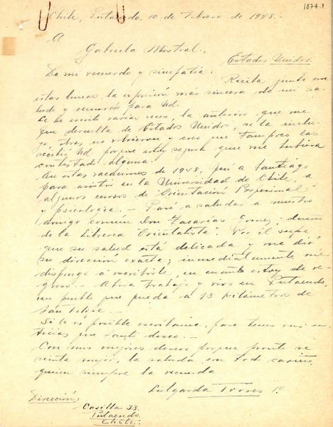 [Carta] 1948 feb. 10, Putaendo, Chile [a] Gabriela Mistral, Estados Unidos