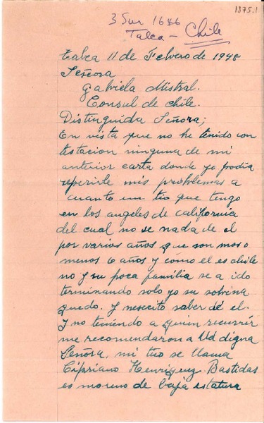 [Carta] 1948 feb. 11, Talca, Chile [a] Gabriela Mistral