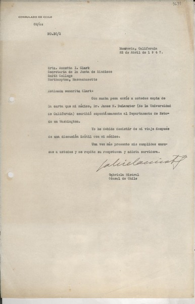 [Carta] 1947 abr. 22, Monrovia, California, [EE.UU.] [a] Annetta I. Clark, Northampton, Massachusetts, [EE.UU.]
