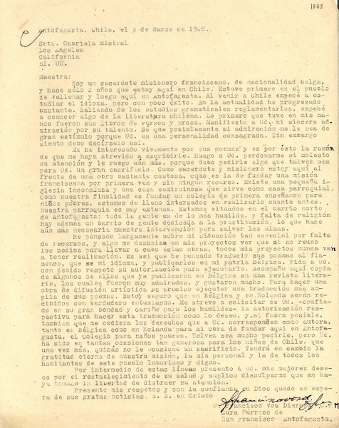 [Carta] 1948 mar. 3, Antofagasta, Chile [a] Gabriela Mistral, Los Angeles, California, EE.UU.