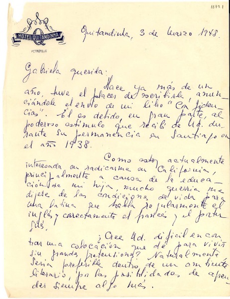 [Carta] 1948 mar. 3, Quitandinha, [Brasil] [a] Gabriela [Mistral]